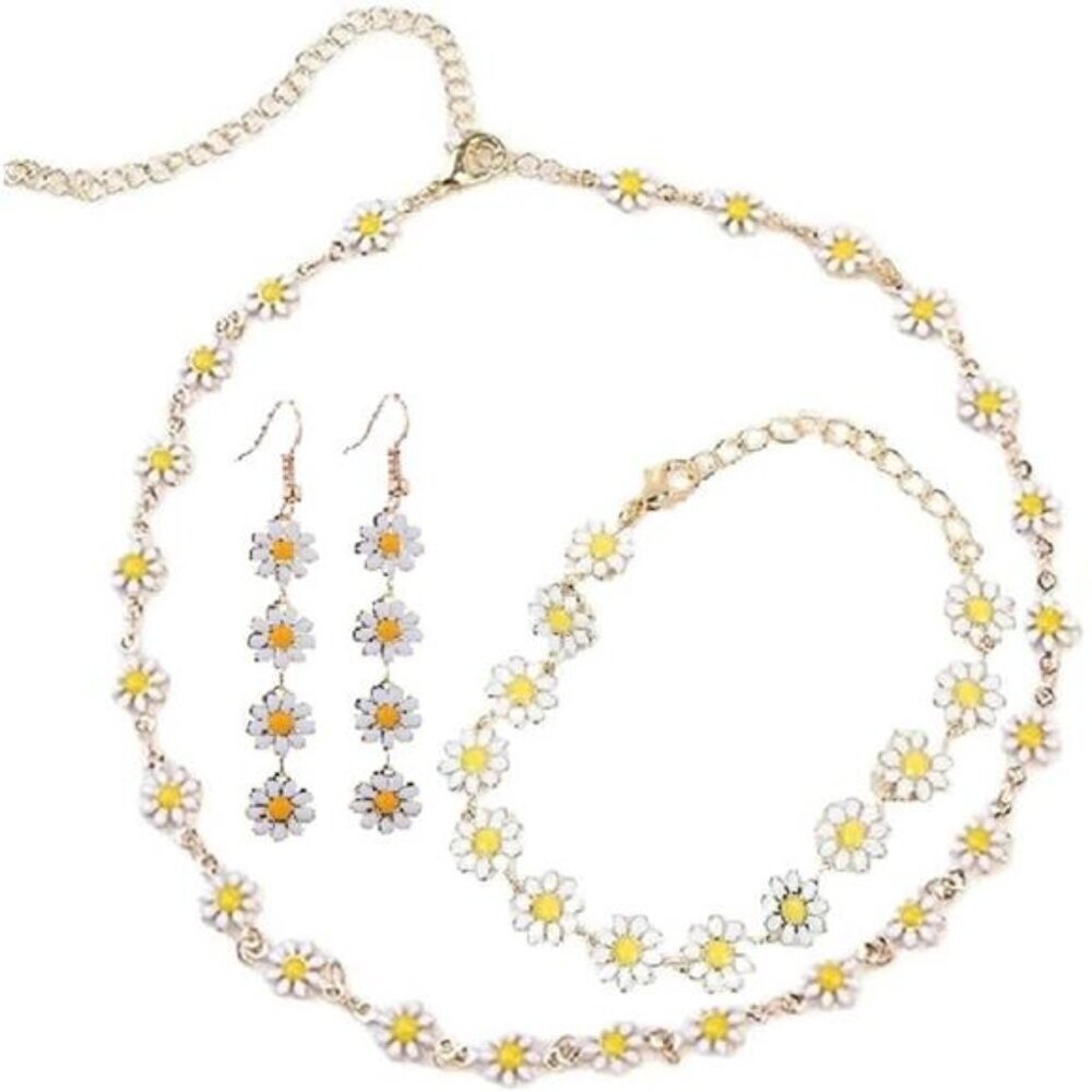 Daisy Flower Earrings set for Women Bohemian Earrings Dangling bracelet Necklace
